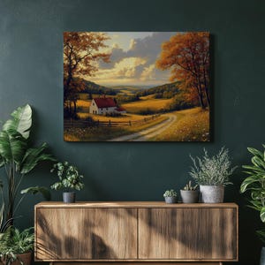 Serene Autumn Countryside Canvas Wall Art | Rustic Farmhouse Landscape Print for Fall Decor | Rustic Home Decor for Living Room Bedroom