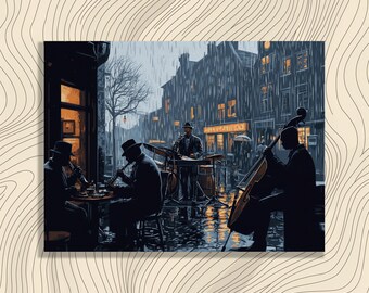 May include: A rainy city street scene with three musicians playing jazz. The musicians are wearing hats and coats. The street is wet and there are puddles on the ground. The musicians are playing a saxophone, a cello, and a trumpet. There is a building in the background with a sign that says "The Old Town Bar".
