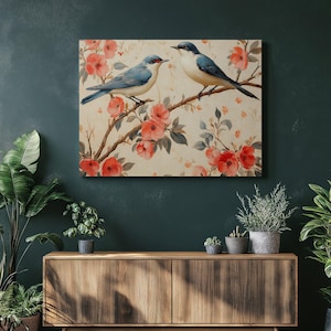 Canvas Wall Art Print - Soaring Birds Painting on Heritage Style Canvas for Boho Decor, Nature Art Gift, Vibrant Floral Bird Print for Home