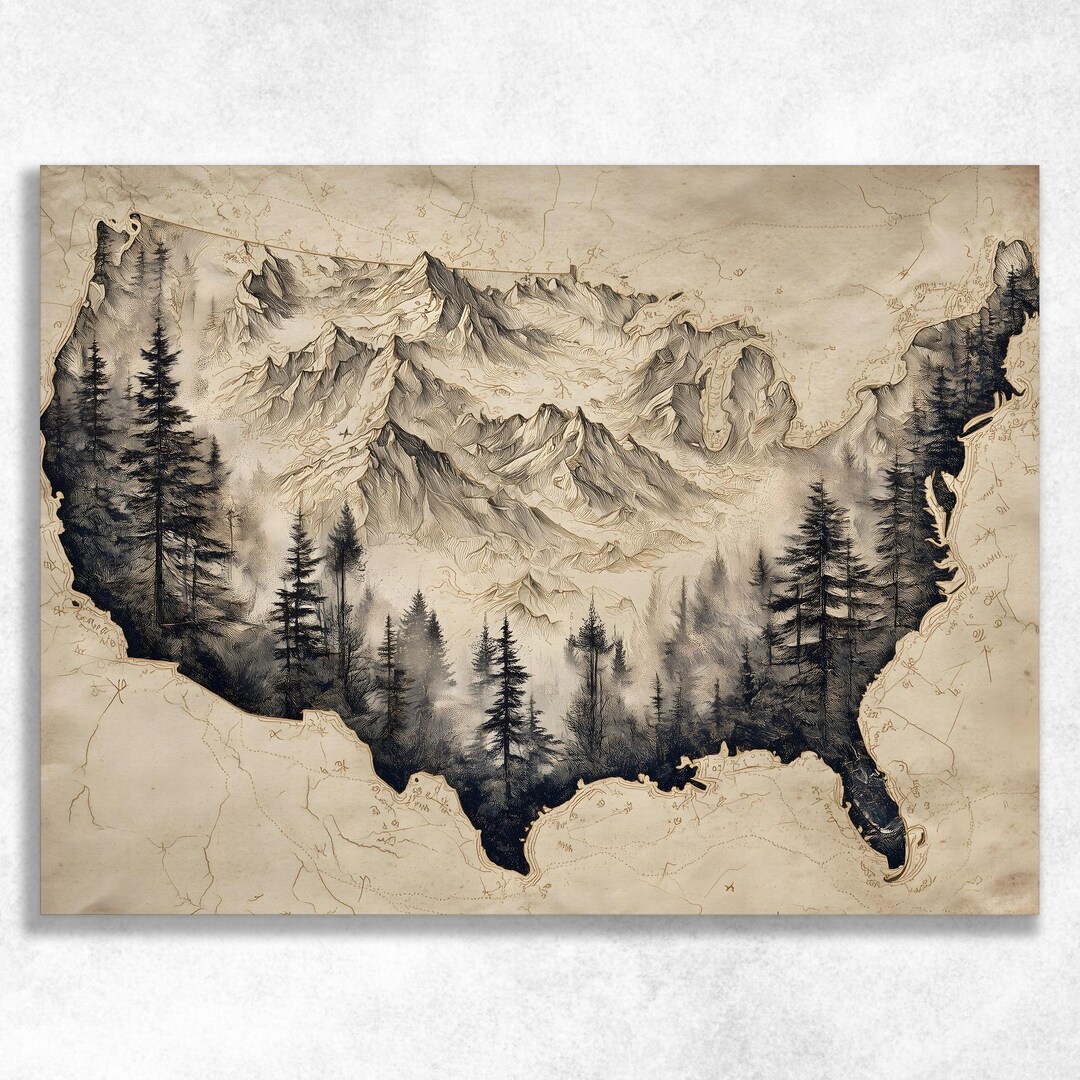 United States Map Canvas Wall Art - Vintage Mountain Forest Usa Map ...
