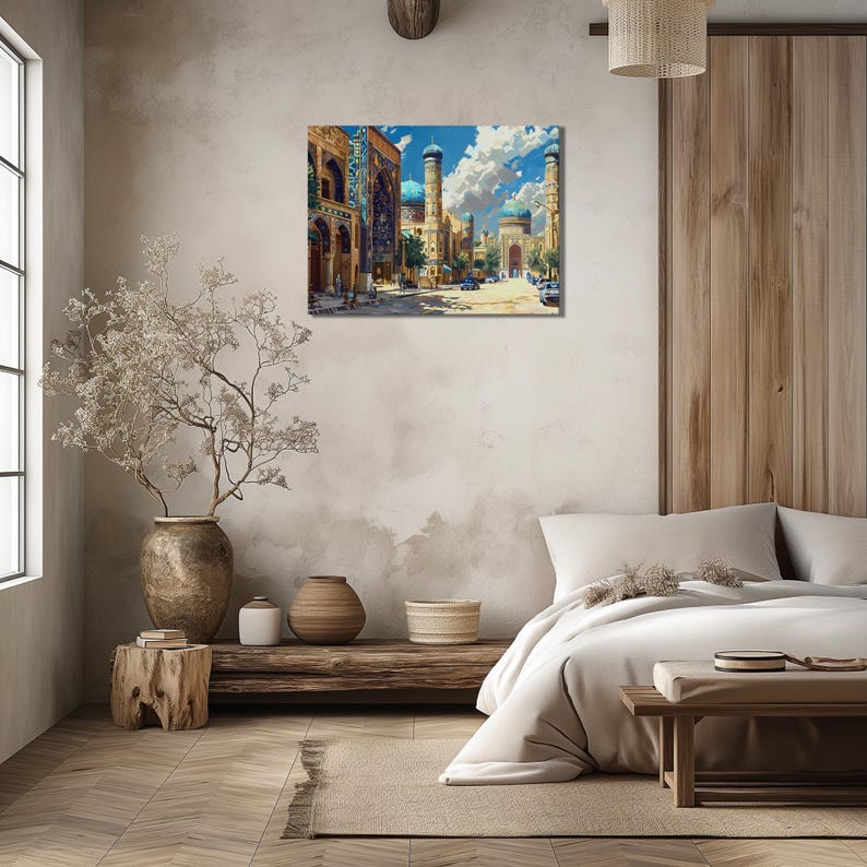 Test 3 mockup for Uzbekistan Canvas Wall Art, traditional Silk Road bazaar painting, high detail, nostalgic Uzbek tilework, super realistic oil painting