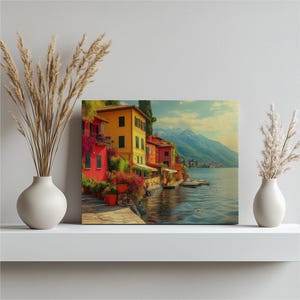 Lakeside Italy Canvas Wall Art - Lake View Landscape Painting with Mountains, Lakeside Village Scenery Scenic Print for Home Decor