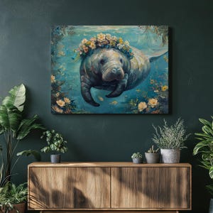 マナティーのキャンバス壁アート、水中の海牛の絵、花の花輪、水生装飾、印象派スタイル、海洋生物のアートワーク、海の動物