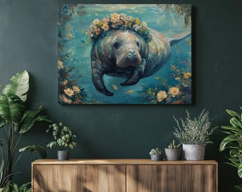 Quadro su tela raffigurante un lamantino, dipinto di una mucca marina sottomarina, ghirlanda di fiori, decorazione acquatica, stile impressionista, opera d'arte raffigurante la vita marina, animale dell'oceano