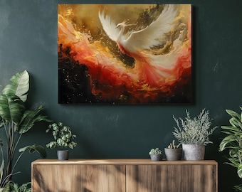 Phoenix rising canvas wall art - Japanese inspired mythical fire bird painting in red gold brushstrokes fantasy art for home office