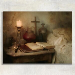 May include: A still life featuring a lit candle in a brass candlestick, an open book, a cross, and a red pitcher. A small table holds these items, with a bed in the background. The scene has a warm, vintage aesthetic.