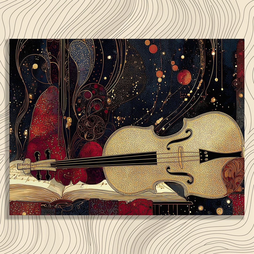 Golden Violin Music Canvas Wall Art - Abstract Art Nouveau Cosmic Still ...