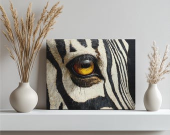 Striking Zebra Eye Canvas Wall Art – Black and white stripes modern animal decor wildlife print African safari impasto oil painting