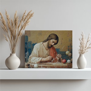 Byzantine Jesus canvas wall art - Orthodox Christ icon gold mosaic carpenter weaving vintage Christian decor cross halo Jesus portrait yarn