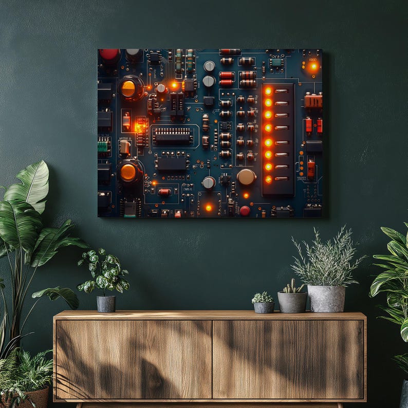 Circuit Board Canvas Wall Art - Illuminated Electronics Macro ...
