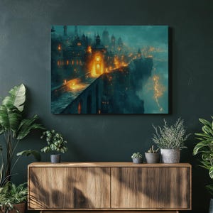 Surreal City canvas wall art, Vibrant Luminous Decor with Dreamlike Abstraction Perfect for Modern Interiors, Home Office Bedroom Decoration