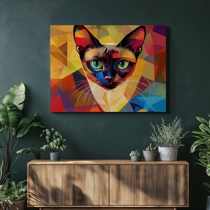 Abstract Geometric Cat Canvas Wall Art Painting Print, Colorful Feline Decor Gift for Cat Lovers, Modern Geometric Pet Artwork