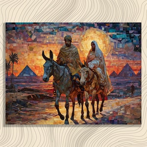 Flight to Egypt Canvas Wall Art - Colorful Mosaic Holy Family Journey of Mary and Joseph in Biblical Desert Sunset with Pyramids