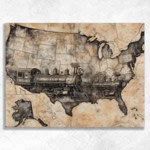 May include: A sepia-toned artwork depicts a map of the United States with two vintage steam trains superimposed over the landmass. The trains are detailed in black and white, with visible wheels, smokestacks, and carriages. The map's background has a textured, aged appearance.