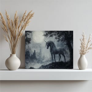 Mystical Unicorn Canvas Wall Art - Magical Moonlit Forest Scene, Enchanted Home Decor for Living Room Bedroom - Fantasy Ink Painting