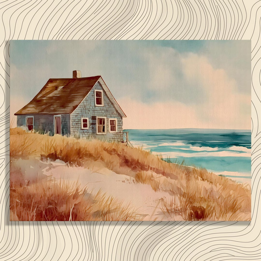 Coastal Beach Cottage Canvas Wall Art – Watercolor Seascape Print ...