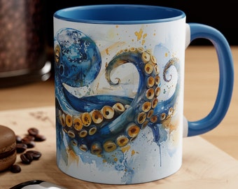 Blue Yellow Octopus Mug | Animal Lover, Coffee Mug, Tea Mug, Nature, Present, Gift, Birthday, Holiday, Vacation, Beautiful Mugs, Popular