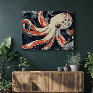 Octopus Wall Art Canvas Print: Colorful Tentacle Painting with Swirling Waves Ocean Decor, Marine Life Gift for Home Living Room, Bedroom