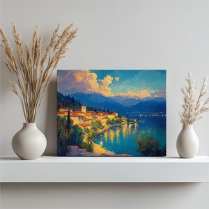 North Macedonia canvas wall art, vibrant Ohrid lakeside painting beautiful scenery unique home decor gift, Office Artwork, Stretched Canvas