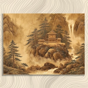 Könnte beinhalten: Sepiafarbener Landschaftsdruck mit einem traditionellen japanischen Tempel auf einer Felsklippe. Wasserfälle stürzen den Berghang hinab, umgeben von Bäumen und Nebel. Das Kunstwerk erinnert an Ruhe und natürliche Schönheit, wie ein klassisches Gemälde.