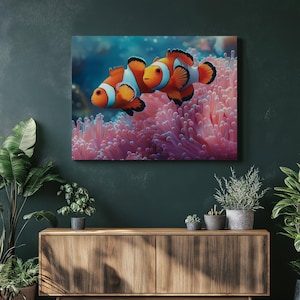 Bright and Colorful Anemone and Clownfish Underwater Canvas Wall Art Print, Tropical Marine Life Painting Decor for Kids Room Ocean Gift