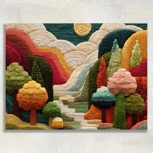 May include: A colorful, textured artwork depicting a landscape scene. The piece features rolling hills in shades of red, orange, and yellow, with a river and trees in various colors. A woven sun is in the upper right corner. The artwork is framed.