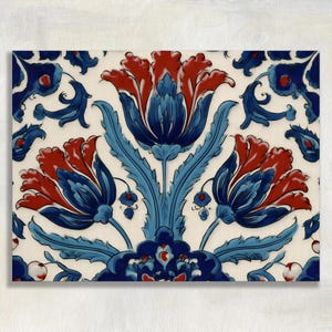 Turkish tile canvas wall art - Iznik tulip floral print in cobalt blue and coral red ornamental pattern decorative ceramic inspired decor