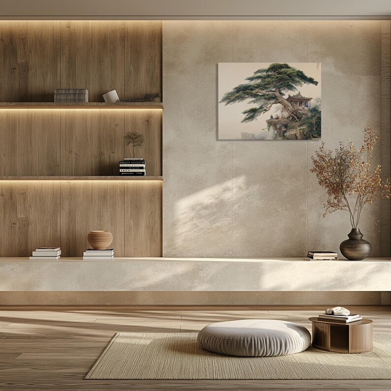 Traditional Chinese Landscape Canvas Wall Art – Zen Pine Tree Painting ...