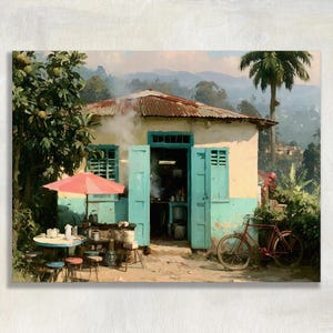 May include: A painting of a small, light-colored house with teal doors and window frames, a red umbrella over a table with chairs, and a red bicycle parked outside. Smoke rises from the open doorway, set against a backdrop of green hills.