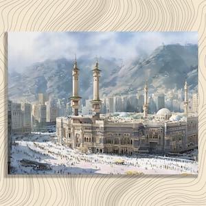 May include: Watercolor painting of the Great Mosque of Mecca, featuring the Kaaba and surrounding structures. The artwork depicts the mosque with two tall minarets, domes, and a large crowd of people. Mountains are visible in the background.