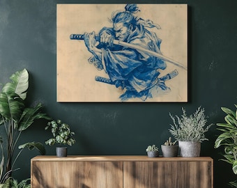 Epic Samurai Canvas Wall Art – vintage samurai ink illustration warrior canvas martial arts decor samurai sword blue line drawing katana art