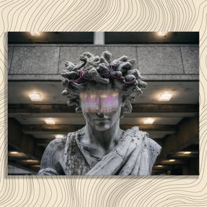 May include: A classical marble statue of a man with a digital display covering the eyes. The display emits a colorful, pixelated light. Pink wires are wrapped around the statue's head. The statue is set against a backdrop of a concrete structure.