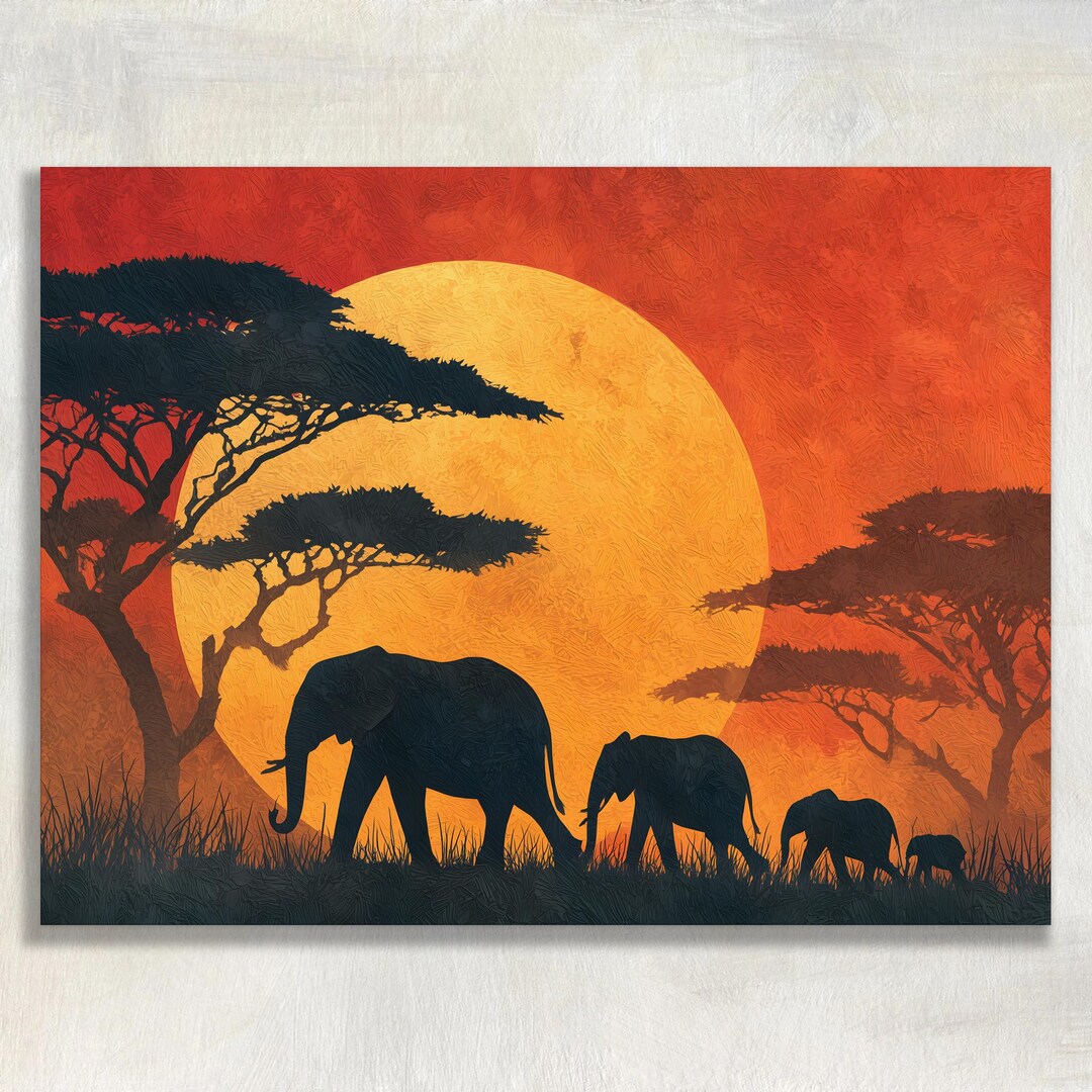 Elephant Family Canvas Wall Art Sunset Safari Print Acacia Tree ...