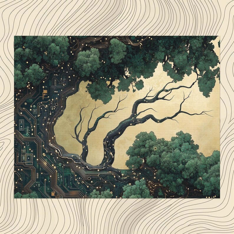 Nature Tech Metamorphosis Canvas Wall Art, Tree Circuit Fusion Painting