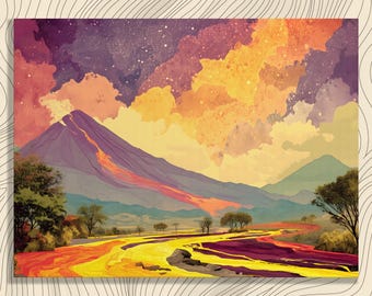 Cuadro decorativo de erupción volcánica: pintura de paisaje con vibrante actividad volcánica, flujos de lava de montaña abstractos, decoración de naturaleza.