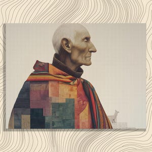 Modern andinsk väggkonst – profilporträtt äldre man vävd textil geometriska mönster lapptäcke mantel lama sydamerikansk konst bolivi