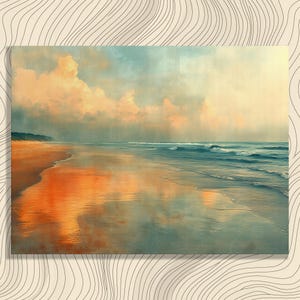 Serene Beach Sunset Canvas Wall Art - Modern Coastal Ocean Seascape Landscape Painting Decor Print Gift for Travelers Impressionist Gift