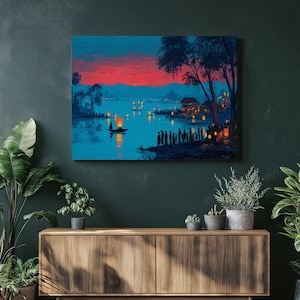 Lantern Festival Canvas Wall Art - Evening River Lantern Print Ethnic Festival Glow Rustic Decorative Travel Asia Landscape Painting