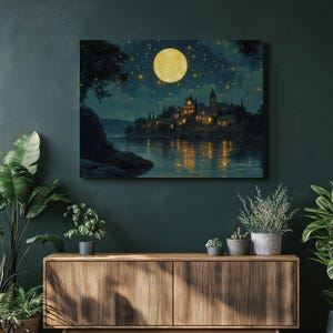 Rustic Moon and Stars Village Canvas Wall Art Painting Print Decor for Nature Lovers Cozy Night Scene Water Reflection Gift Home Decor