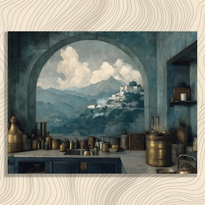 May include: An artistic rendering of a kitchen interior with a large arched window overlooking a mountain village. The scene is dominated by shades of blue and gold, with various brass containers and kitchenware on the counter.