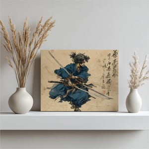 Samurai Watercolor Ink Canvas Wall Art – Sumi e Japanese Warrior Print Blue Kimono Katana Calligraphy Brush Stroke Painting Bushido Decor
