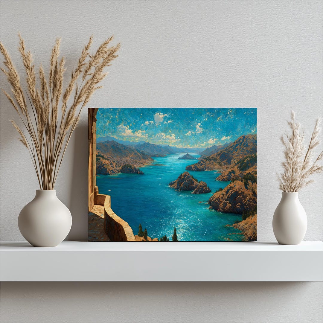 Mediterranean Coastal Landscape Canvas Wall Art – Sea Vista Decor Print ...