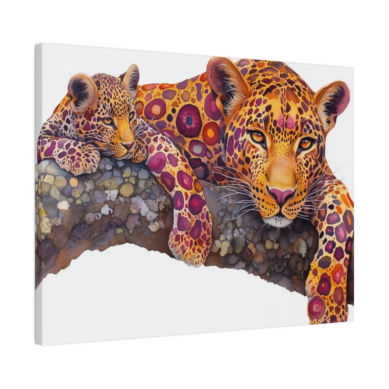 Elegant Leopards Canvas Wall Art, Big Cats in Magenta Tangerine Yellow