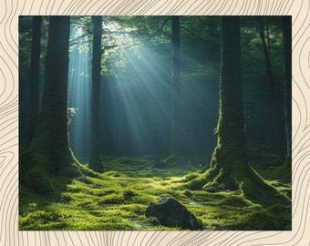 Sunlit Forest canvas wall art, sun rays print nature decor forest painting mystical atmosphere unique wall decoration, Gift for Housewarming