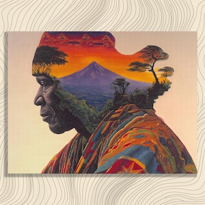 May include: A canvas print featuring a profile of a person with a landscape overlay. The artwork showcases a mountain, trees, and a sunset. The person is wearing a colorful patterned garment, with a warm color palette.