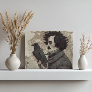 May include: A sepia-toned canvas art print depicting a man with dark curly hair and a moustache, alongside a black raven. The artwork has a vintage aesthetic, with a detailed background and a neutral colour palette.