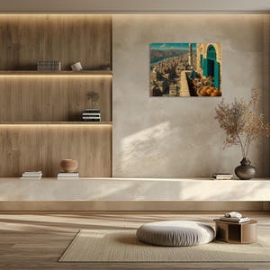Middle East cityscape wall art with ornate stonework, teal trim, and Sanaa skyline.