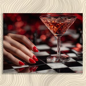 Glamorös Cocktail Canvas Väggkonst – Martiniglas Stilleben med Röda Naglar