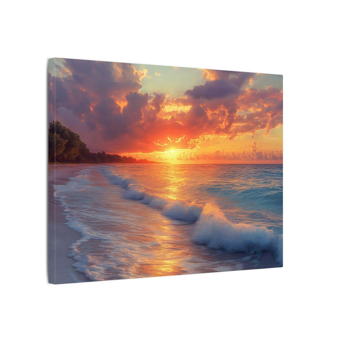 Tropical Beach Sunset Canvas Wall Art - Glowing Shoreline Waves and ...