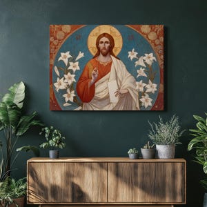 Jesus Christ Canvas Wall Art – Byzantine sacred icon with lilies gold halo Christian decor print religious wall art inspirational gift
